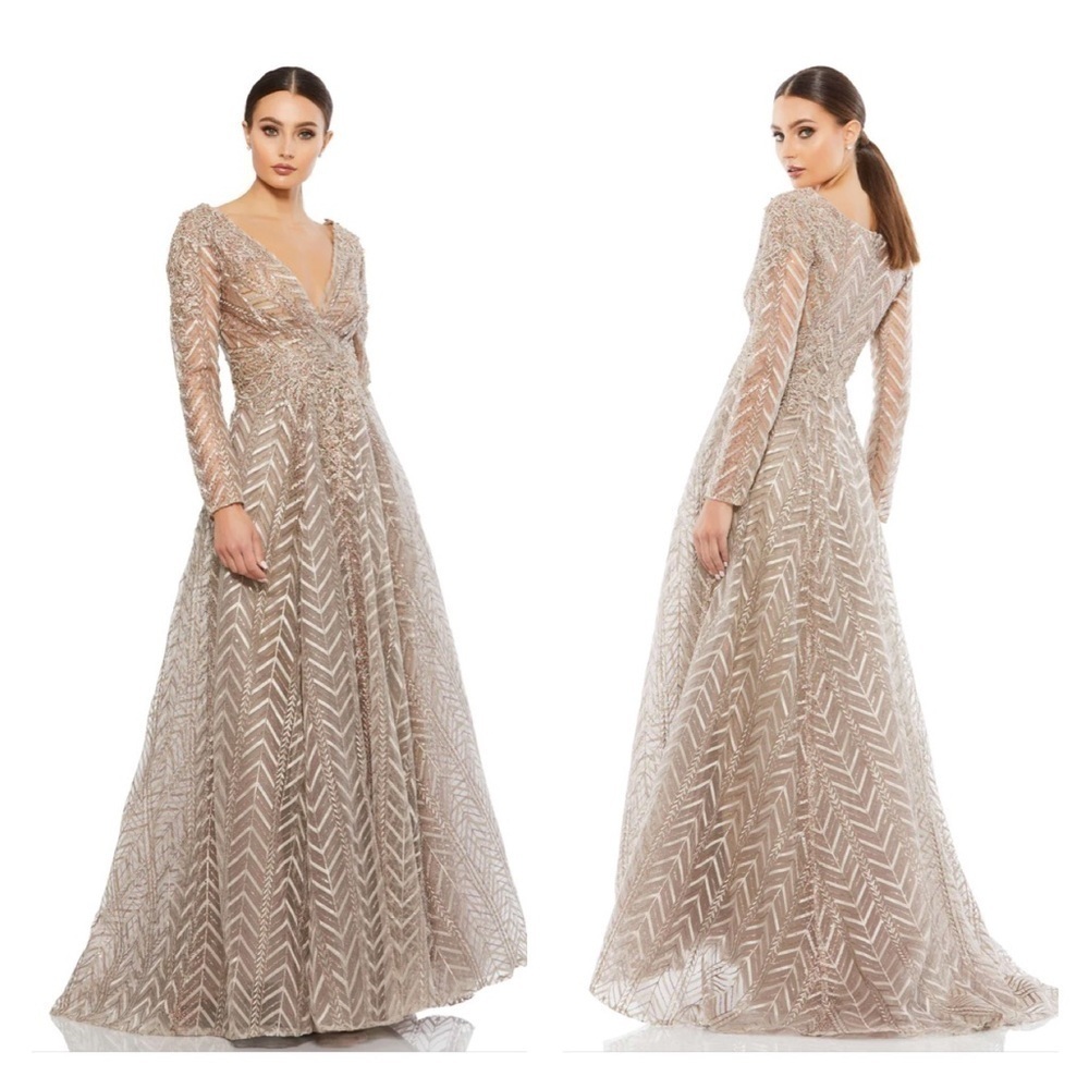 Mac Duggal 20189 NWT EMBELLISHED ILLUSION LONG SLEEVE WRAP OVER A LINE GOWN